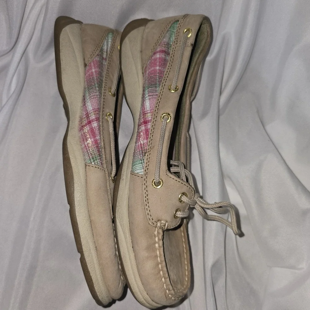 Sperry Top-Sider Boat Shoes sz 9 M Natural Tan Leather Pink Sequin Plaid